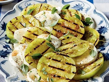 Grilled Green Tomatoes Caprese on a plate